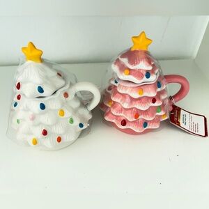 2 Ceramic Mr. Christmas Tree Mugs - White and Pink